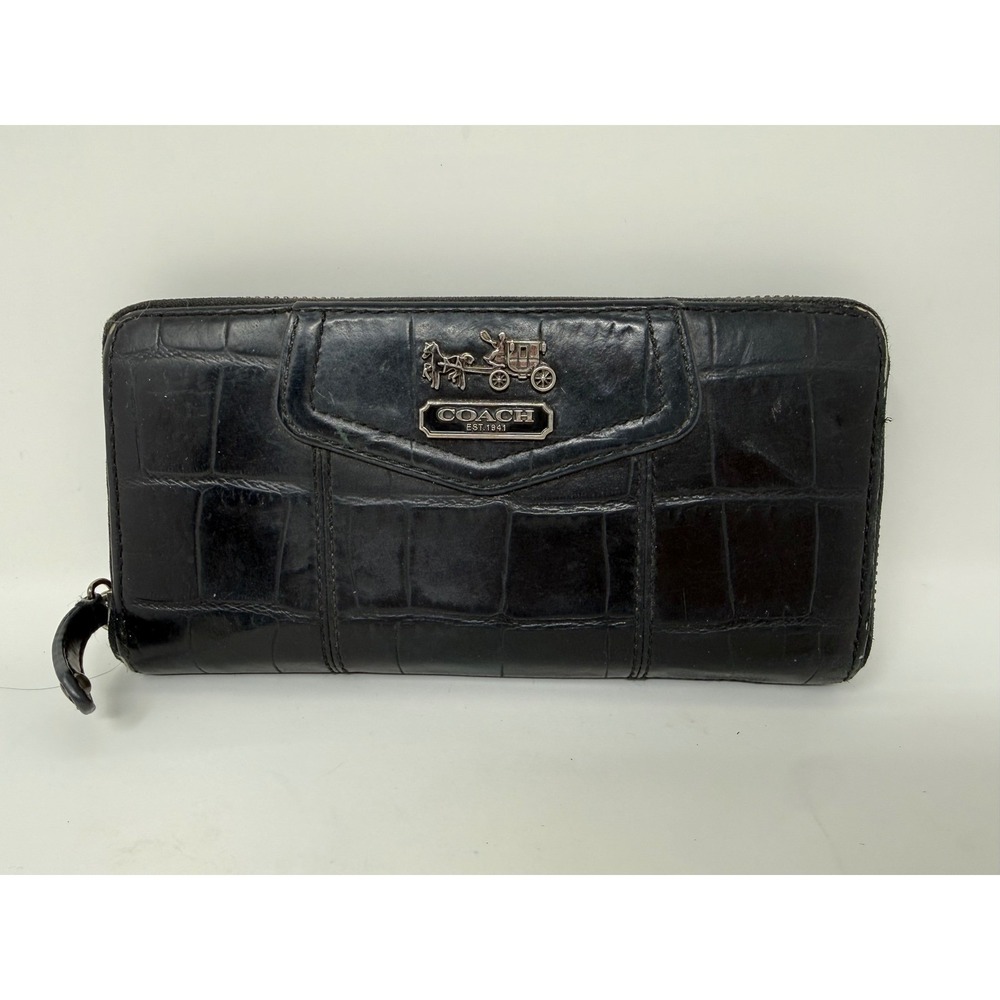 COACH Crocodile Embossed Leather Accordion Black Wallet 8‎ inches